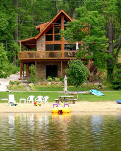 photo of Logangate timber frame kits north in North Carolina with lake front view of home